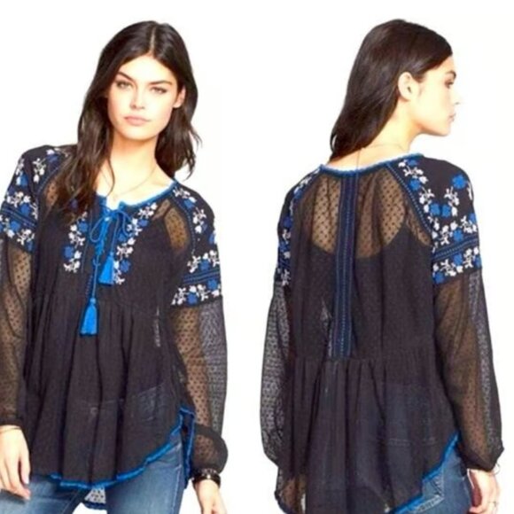 Free People Roses Are Red Black Lace Boho Embroidered Top Size M - Picture 2 of 8